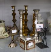 TWO PAIRS OF BRASS CANDLESTICKS, A PAIR OF PEWTER CANDLESTICKS, A CANDLE LANTERN AND A SMALL