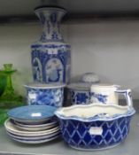 A LARGE MODERN CHINESE PORCELAIN BLUE AND WHITE VASE AND VARIOUS OTHER ITEMS OF BLUE AND WHITE