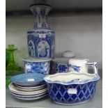 A LARGE MODERN CHINESE PORCELAIN BLUE AND WHITE VASE AND VARIOUS OTHER ITEMS OF BLUE AND WHITE