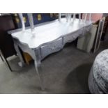 LARGE MODERN FRENCH STYLE DESK, HAVING 3 DRAWERS ON CABRIOLE LEGS IN SILVER FLORAL DECORATION,