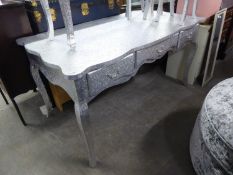 LARGE MODERN FRENCH STYLE DESK, HAVING 3 DRAWERS ON CABRIOLE LEGS IN SILVER FLORAL DECORATION,