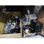 A QUANTITY OF PANS, INCLUDING A PRESSURE COOKER, UTENSILS, TABLE CUTLERY, BREVILLE, KETTLE,