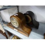 TWO OAK NAPOLEONS HAT SHAPED MANTEL CLOCKS, ONE HAVING AN OVAL GLASS VIEWING WINDOW BELOW CLOCK FACE