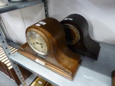 TWO OAK NAPOLEONS HAT SHAPED MANTEL CLOCKS, ONE HAVING AN OVAL GLASS VIEWING WINDOW BELOW CLOCK FACE