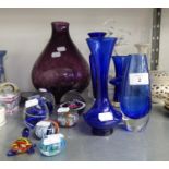 A LARGE PURPLE GLASS VASE, SIX COLOURED GLASS PAPERWEIGHTS, TREE BLUE GLASS VASES, OTHER GLASS WARES