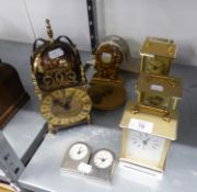 A SMITH BRASS LANTERN CLOCK WITH MAINS ELECTRIC MOVEMENT, THREE SMALL CLOCKS, A SMALL GILT CHERUB