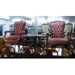 A PAIR OF SHEW WOOD FRAMED VICTORIAN STYLE EASY ARMCHAIRS, BUTTON UPHOLSTERED IN PINK VELVET