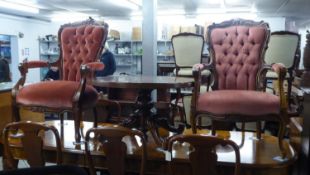 A PAIR OF SHEW WOOD FRAMED VICTORIAN STYLE EASY ARMCHAIRS, BUTTON UPHOLSTERED IN PINK VELVET