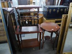 A POLISHED WOOD PERIODICAL RACK, A TWO TIER OBLONG OCCASIONAL TABLE AND A GOOD QUALITY TWO TIER