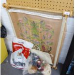 A NEEDLEWORK TAPESTRY FRAME, NEEDLEWORK SILKS AND HANDYCRAFT PEWTER WORKS