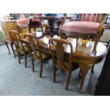 18TH CENTURY STYLE FIGURED WALNUT WOOD DINING ROOM SUITE OF EIGHT PIECES, ON SHELL CARVED CABRIOLE