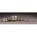 FOUR SMALL PIECES OF VICTORIAN AND LATER SILVER, comprising: SCROLL EMBOSSED OPEN SALT with