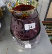 MALING LUSTRE ?PEONY ROSE? PATTERN BOWL, 8 ½? DIAMETER; A PURPLE GLASS GOBLET SHAPED VASE; A GLASS