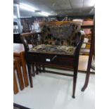ART NOUVEAU INLAID MAHOGANY PIANO STOOL WITH UPHOLSTERED BACK AND SEAT, OPEN ARMS, SQUARE TAPERING