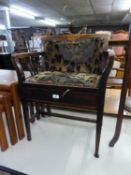 ART NOUVEAU INLAID MAHOGANY PIANO STOOL WITH UPHOLSTERED BACK AND SEAT, OPEN ARMS, SQUARE TAPERING