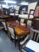 MODERN CROSSBANDED AND QUARTER CUT MAHOGANY EXTENDING DINING TABLE, with serpentine shaped ends,