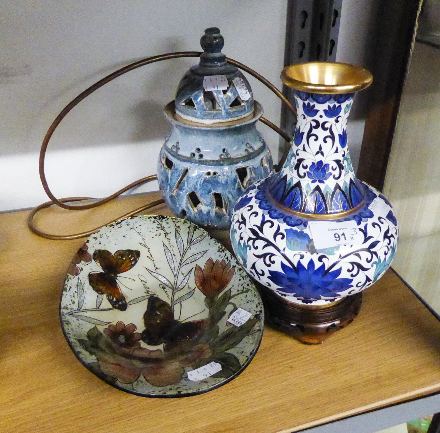 MODERN ORIENTAL BLUE AND WHITE CLOISONNE VASE, 8?, high, with the wooden stand, MODERN DISH