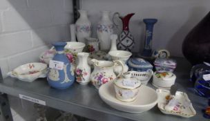 WEDGWOOD PALE BLUE AND WHITE JASPEWARES TO INCLUDE; A CANDLESTICK, A TRINKET BOX AND COVER, AND