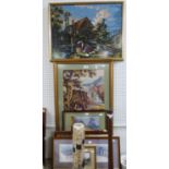 THREE FRAMED PICTORIAL NEEDLEWORK TAPESTRIES AND TWO SMALL NEEDLEWORK PICTURES AND A SET OF THREE