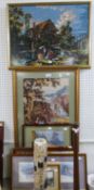 THREE FRAMED PICTORIAL NEEDLEWORK TAPESTRIES AND TWO SMALL NEEDLEWORK PICTURES AND A SET OF THREE