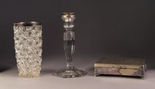 AN EDWARDIAN CUT GLASS VASE with silver rim and hallmarked Birmingham 1902, also an inter-war