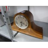 AN INLAID MAHOGANY NAPOLEONS HAT SHAPED MANTEL CLOCK