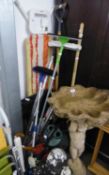 SEVEN ITEMS OF GARDEN TOOLS AND BRUSHES; WATERING CAN AND SUNDRY ITEMS INCLUDING AN IRONING BOARD,