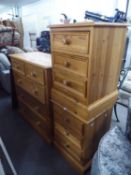 CHUNKY PINE CHEST OF TWO SHORT AND THREE LONG DRAWERS, WITH KNOB HANDLES, MATCHING PAIR OF BEDSIDE