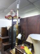 COLUMN STYLE BRASS EFFECT STANDARD LAMP AND SHADE, A BRASS DESK LAMP AND ANOTHER LAMP (3)