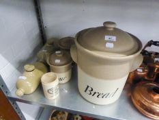 LARGE POTTERY  BREAD CROCK, MATCHING FLOUR AND SALT, TWO STONEWARE WATER BOTTLES