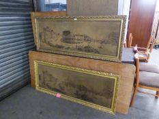 PAIR OF MACHINE WOVEN PICTORIAL TAPESTRY PANELS DEPICTING ROMAN RUINS, GILT FRAMED, 1ft6in x