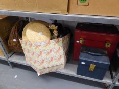 A SELECTION OF HATS, WIGS AND A WOVEN BASKET AND LP's AND SINGLE RECORDS