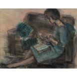 UNATTRIBUTED (20th Century) BLACK AND COLOURED CHALK DRAWING Study of lady seated reading Unsigned