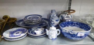 WEDGWOOD BLUE AND WHITE DECORATIVE BOWL, WILLOW PATTERN MEAT PLATE, OLD WILLOW PATTERN PLATES,