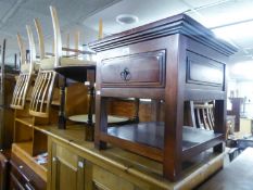 MODERN MAHOGANY SOLID LOW COFFEE TABLE, HAVING SINGLE DRAWERS AND AN OAK CIRCULAR OCCASIONAL