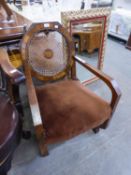 ART DECO WALNUT WOOD LOW EASY ARMCHAIR WITH OCTAGONAL BACK HAVING CIRCULAR CANED PANEL (AS FOUND),