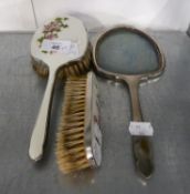 A 1930's SILVER PLATED AND GUILLOCHE ENAMELED PART DRESSING TABLE BRUSH SET VIZ HAND MIRROR (