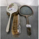 A 1930's SILVER PLATED AND GUILLOCHE ENAMELED PART DRESSING TABLE BRUSH SET VIZ HAND MIRROR (