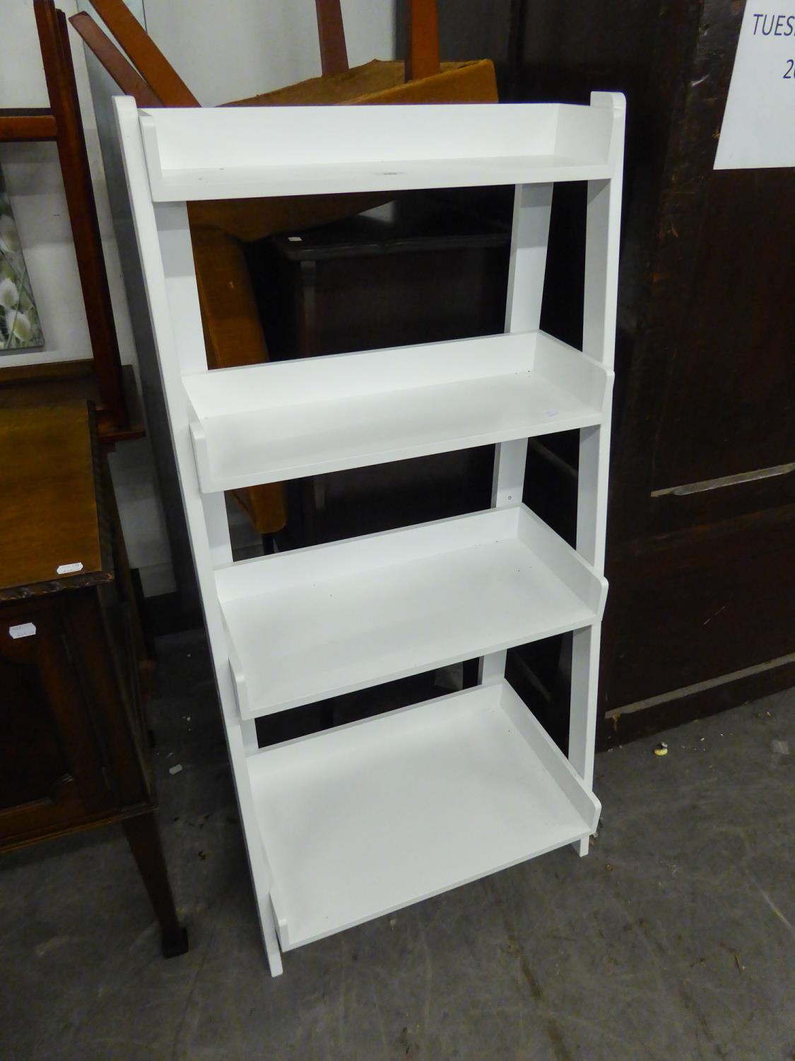 A FOUR TIER WHITE WATERFALL BOOKCASE/PLANT STAND (3' 11" high x 1'11" wide)