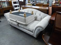 A GOOD QUALITY LAURA ASHLEY BUTTON BACK SETTEE,  HAVING ARCH BACK AND SCROLL ARMS, RAISED ON