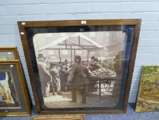 LARGE PRINT FROM A BLACK AND WHITE PLATE PHOTOGRAPH OF A BYGONE STREET MARKET, with figures and