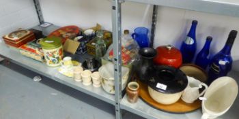 MIXED LOT TO INCLUDE; COLOURED GLASS BOTTLES, STUDIO POTTERY,  WOODEN ITEMS, TINS ETC....