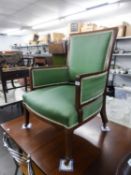 EDWARDIAN MAHOGANY ARMCHAIR, WITH BOXWOOD STRINGING TO THE BACK PANEL, CURVED SIDES AND STUFFED OVER