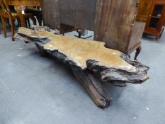 FINE LARGE RUSTIC ELM COFFEE TABLE, THE TRI-FORM UNDER FRAME FORMED FROM TWO CONJOINED BRANCHES