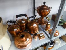 LARGE COPPER TEA URN, 3 COPPER KETTLE, COPPER TRUMPET, COPPER SWORD AND OTHER COPPER WARES VARIOUS