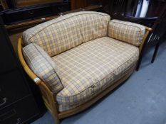ERCOL LIGHT OAK TWO SEATER SETTEE WITH RAIL BACK AND SIDES, LOOSE BACK, SEAT AND SIDE CUSHIONS,