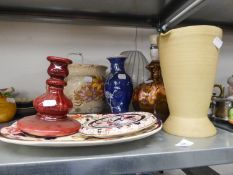 A MASONS 'MANDALAY' MEAT PLATE, AN IRONSTONE CHINA  KETTLE STAND, A FLORAL DECORATED JARDINIERE, A