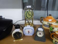 'PRESIDENT' QUARTZ ANNIVERSARY CLOCK UNDER DOMED SHADE AND TWO SMALL ALARM CLOCKS AND A