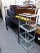 GLASS TOPPED SIDE/OCCASIONAL TABLE, (26cm deep, 76cm high x 120cm wide) HAVING BLACK LEGS AND TINTED