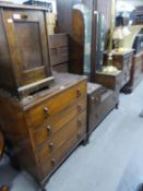 A 1930's OAK PART  BEDROOM SUITE OF TWO PIECES, COMPRISING; OF A DRESSING TABLE AND A CHEST OF